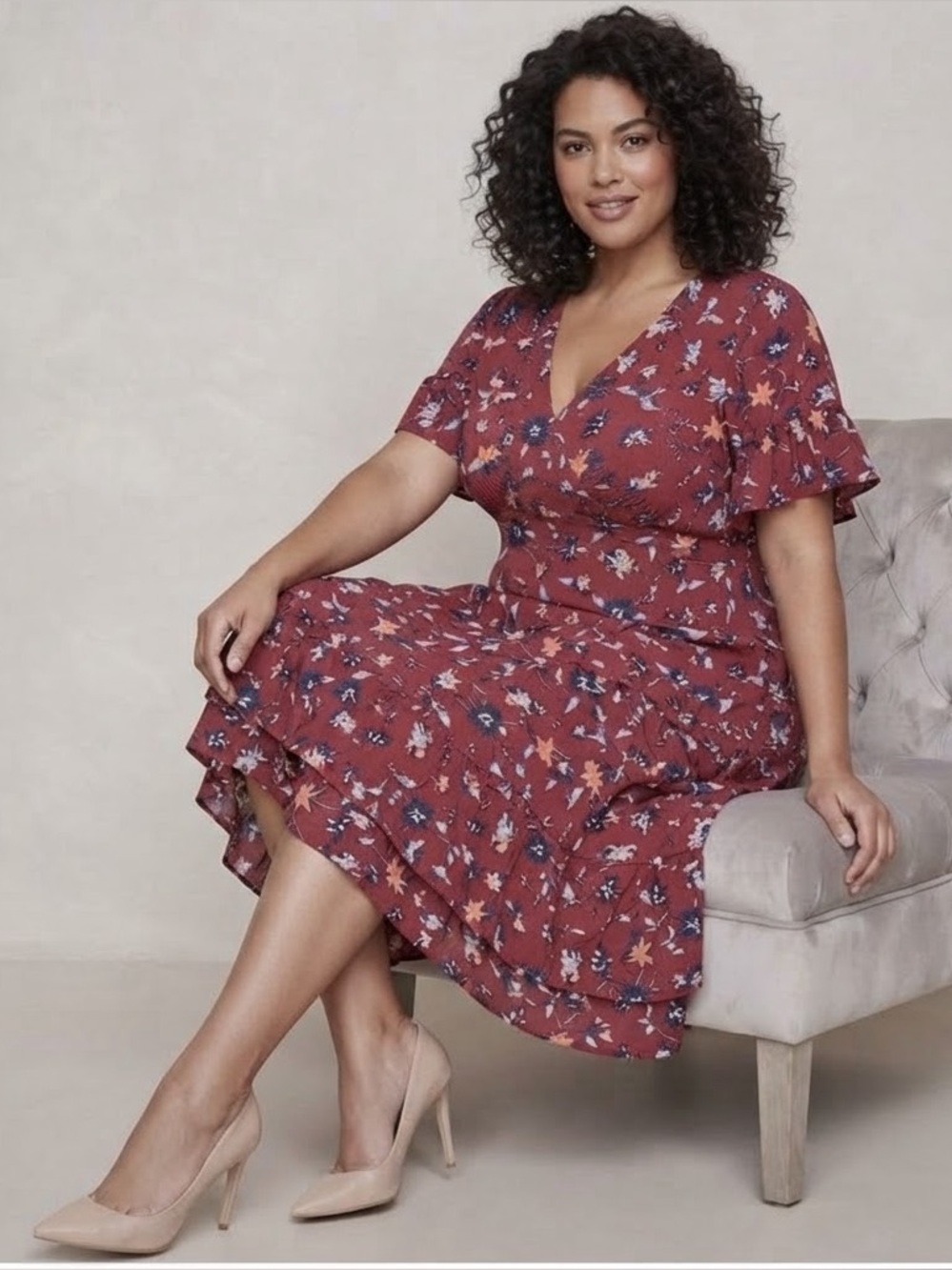 Junarose Burgundy Red Floral V-Neck Midi Dress Ruffle SIZE US 22